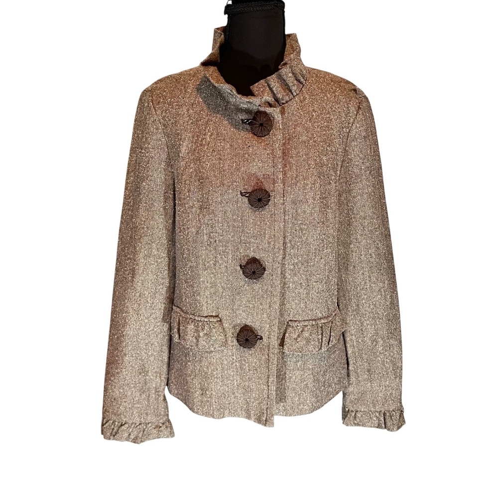 VTG Dialogue Brown Tweed Blazer Jacket Button Front Size S Y2K Romantic‎ Ruffle